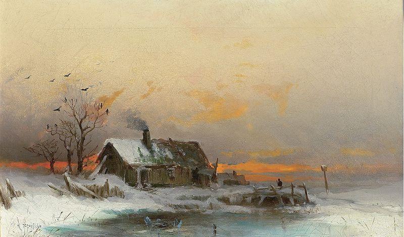 wilhelm von gegerfelt Winter picture with cabin at a river